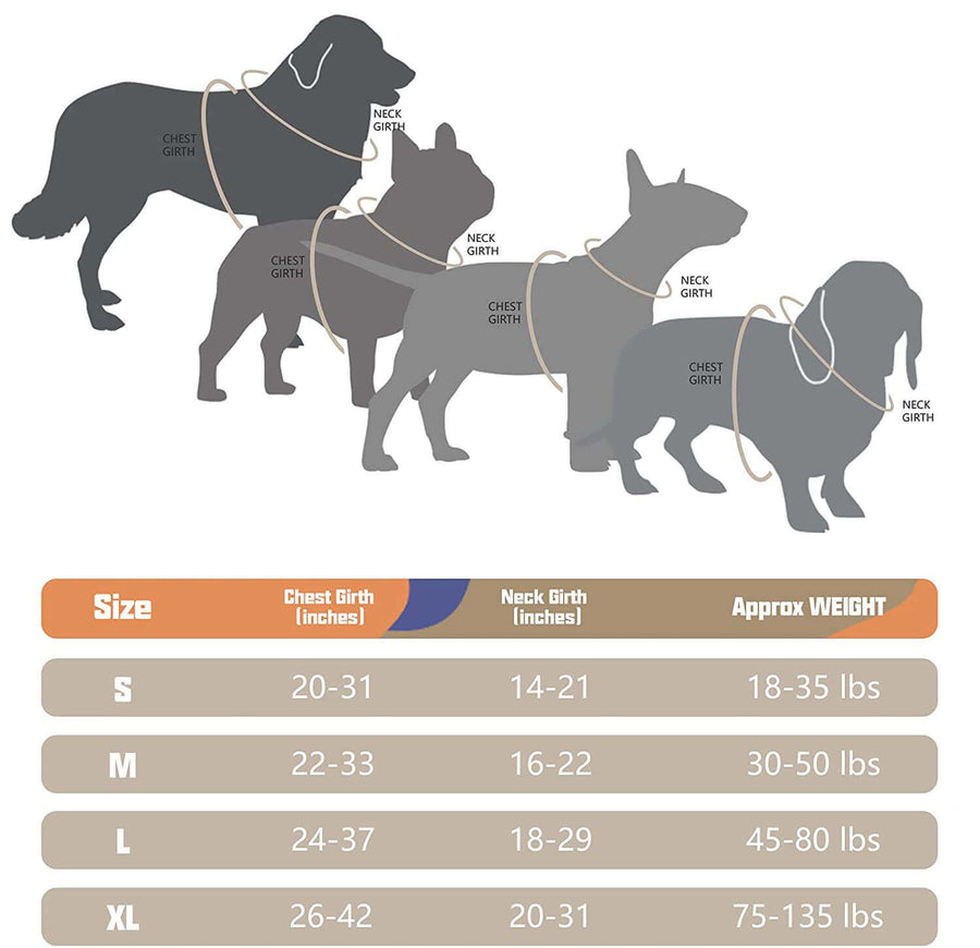 Size guide for auroth dog harness