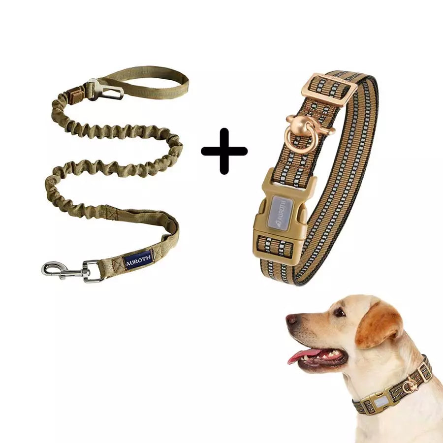 Auroth army yellow bungee dog leash with reflective collar for large dog