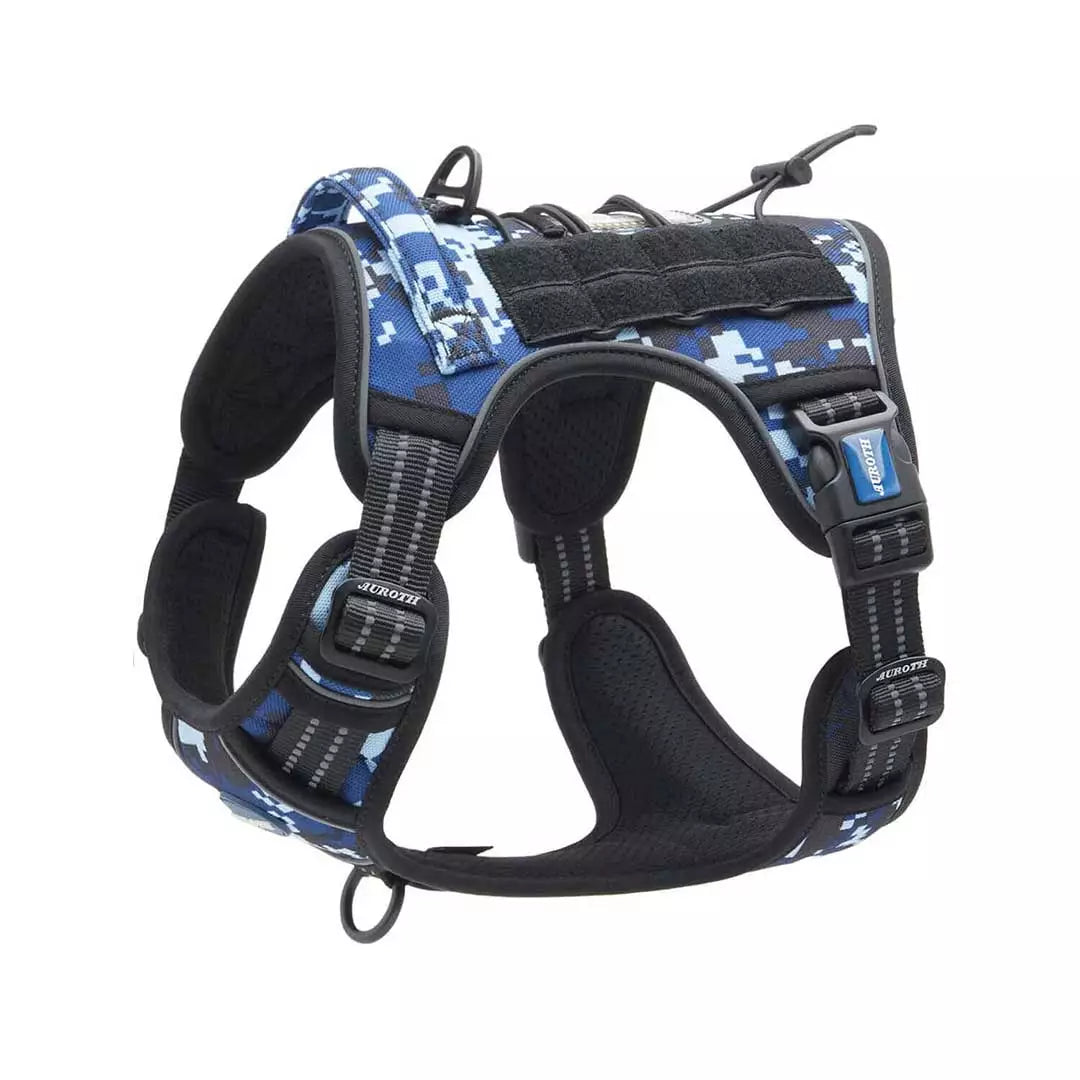 Auroth Tactical Dog Harness Adjustable Metal Buckles Dog Vest with Handle, No Pulling Front Leash Clip - Blue/Orange Camo