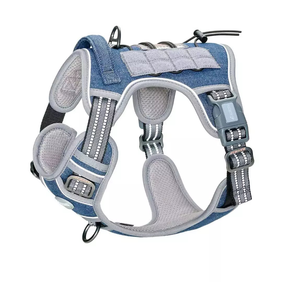 Auroth Tactical Dog Harness Adjustable Metal Buckles Dog Vest with Handle, No Pulling Front Leash Clip - Blue Camo