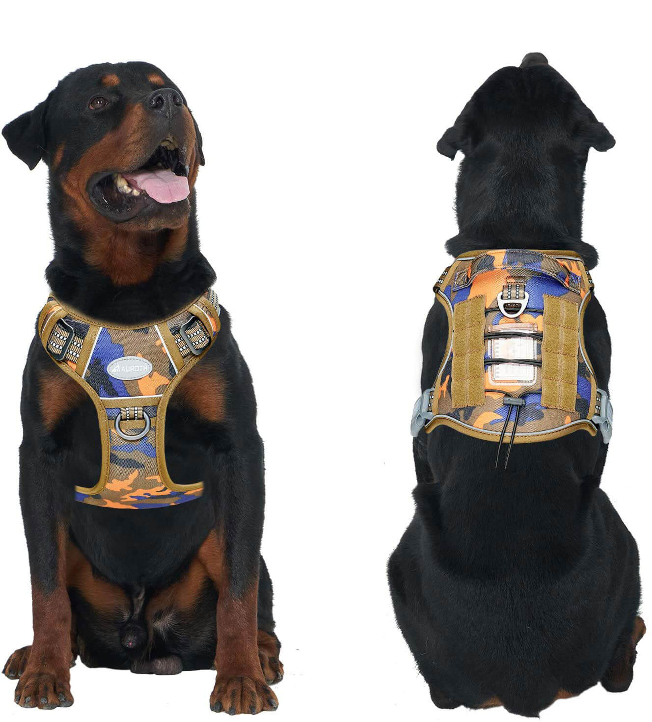 Auroth Tactical Dog Harness Adjustable Metal Buckles Dog Vest with Handle No Pulling Front Leash Clip Blue Orange Camo