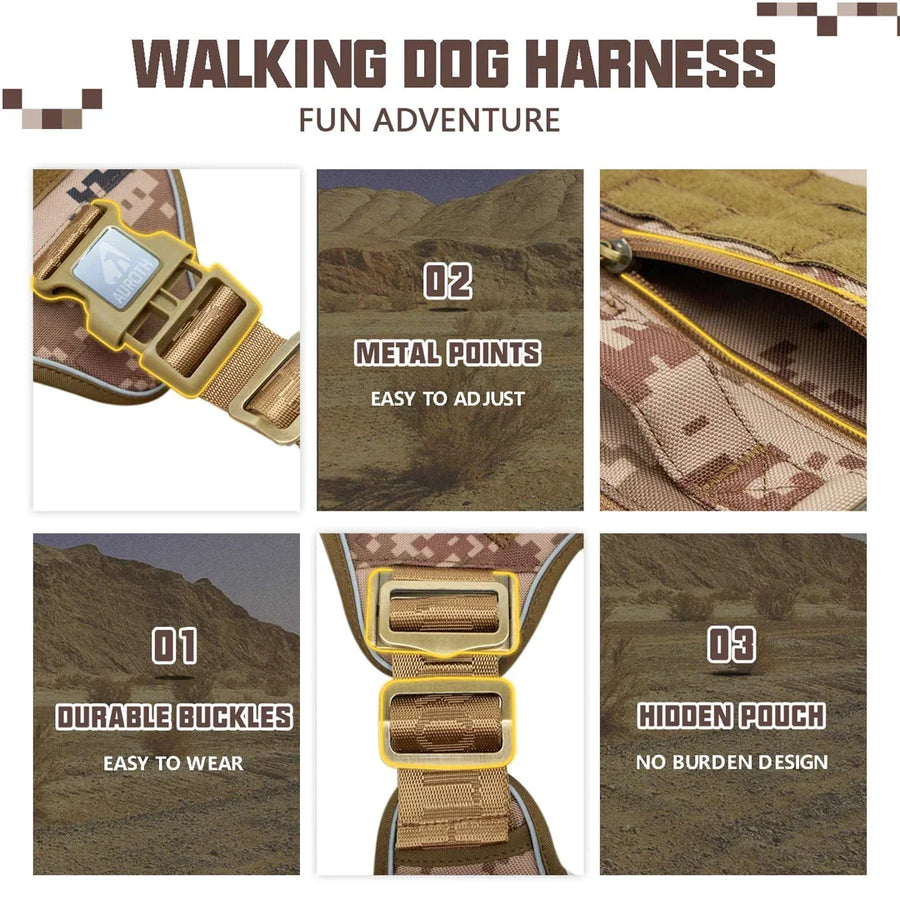 Auroth Tactical Plus Dog Vest with Pockets, Reflective Military Harness for Large Medium Dogs - Desert Camo