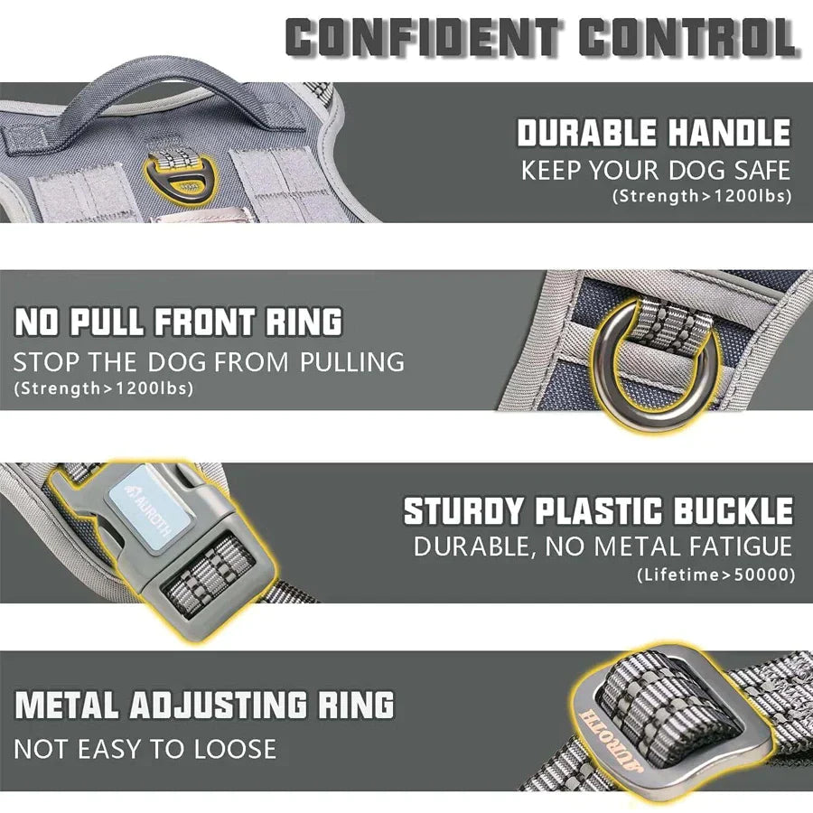 Auroth Tactical Dog Harness Adjustable Metal Buckles Dog Vest with Handle, No Pulling Front Leash Clip - Gray Camo